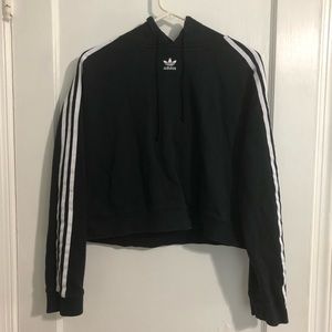 Adidas crop top hoodie black with white stripes size medium